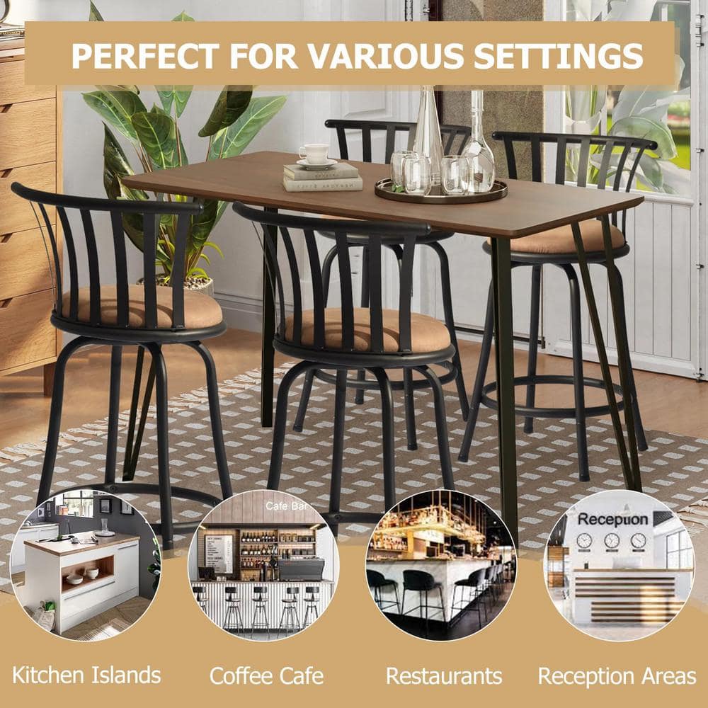 Set of 3 Beige Suede Swivel Counter Barstools with Black Metal Frame