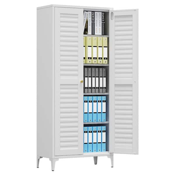 28 in. W x 63.5 in. H x 14 in. D White Metal Freestanding Storage Cabinet, Kitchen Pantry Cabinets with 4-Shelves
