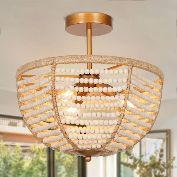 14 in. 3-Light Brushed Antique Gold Farmhouse Semi-Flush Mount with Wood Beaded Shade and Hemp Rope Accent
