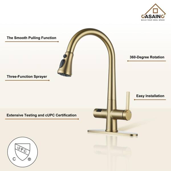 Casainc Single Handle Pull Down Sprayer Kitchen Faucet With Digital Display Deckplate Included In Brushed Gold