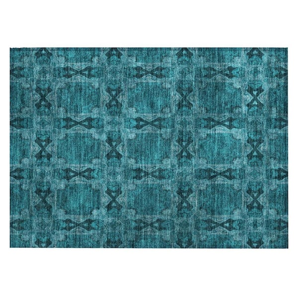 Teal 2 ft. x 3 ft. Woven Floral;Medallion Rectangle Indoor/Outdoor Area Rug
