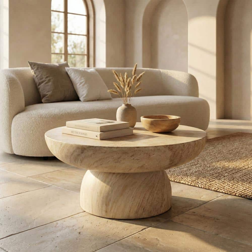 LeisureMod Lunexa Modern Travertine Coffee Table, Natural Stone Rectangular Sofa Table with Unique Pedestal Base LCT27TR
