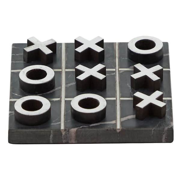 Litton Lane Black Marble Tic Tac Toe Game Set with Silver Inlay