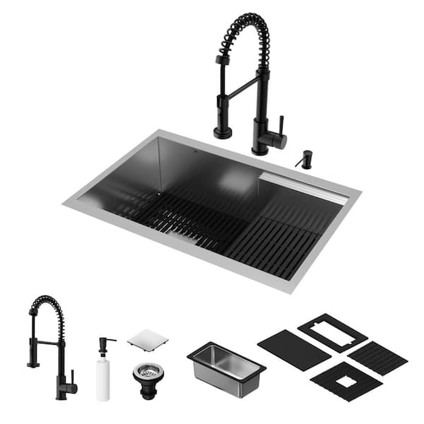 VIGO Hampton 28" Stainless Steel Single Bowl Workstation Undermount Kitchen Sink with Matte Black Faucet and Accessories