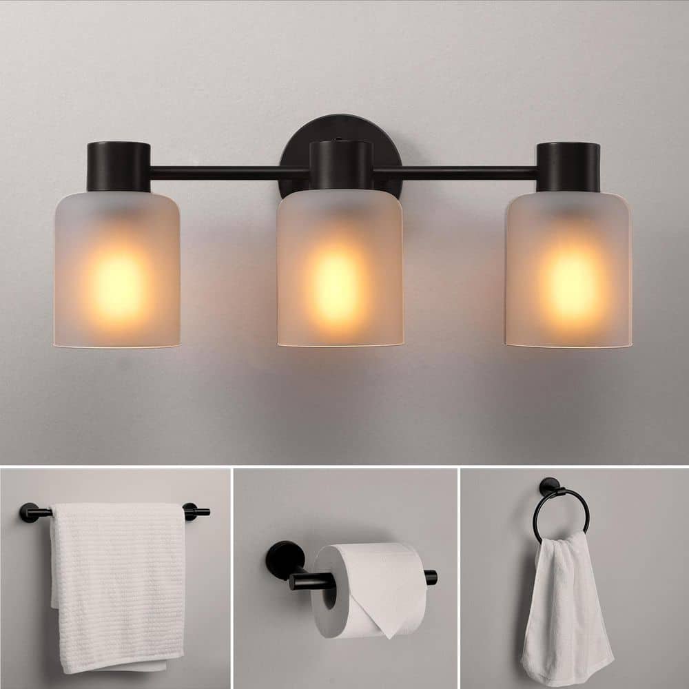 Carney 20 in. 3-Light Matte Black Vanity Light with Frosted Glass Shades, Towel Bar, Toilet Paper Holder, Towel Ring price history on PriceWatchPro