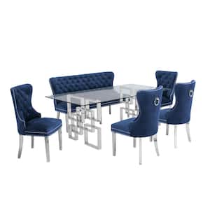 Dominga 6-Piece Glass Top with Stainless Steel Set with 4 Chairs and 1 Bench Navy Blue Velvet.