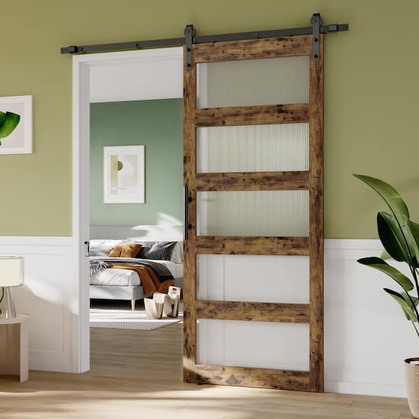 36 in. x 84 in. 5 Lite Frosted Glass Rustic Brown Finished MDF Sliding Barn Door Slab with Hardware Kit and Handle Lock