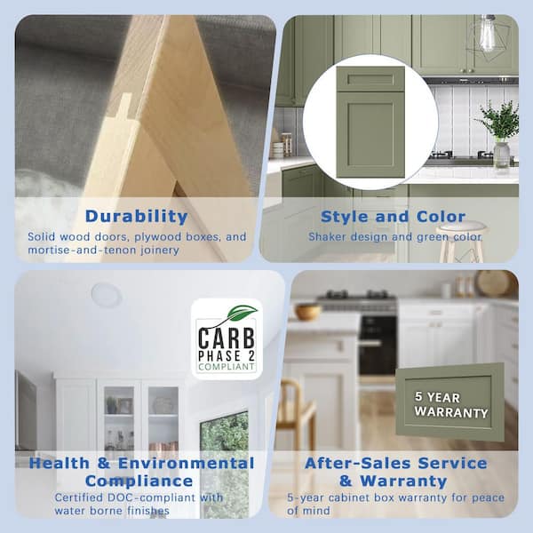 30 in. W x 21 in. D x 34.5 in. H Ready to Assemble Solid Wood Shaker Bath Vanity Combo Cabinet in Sage Green