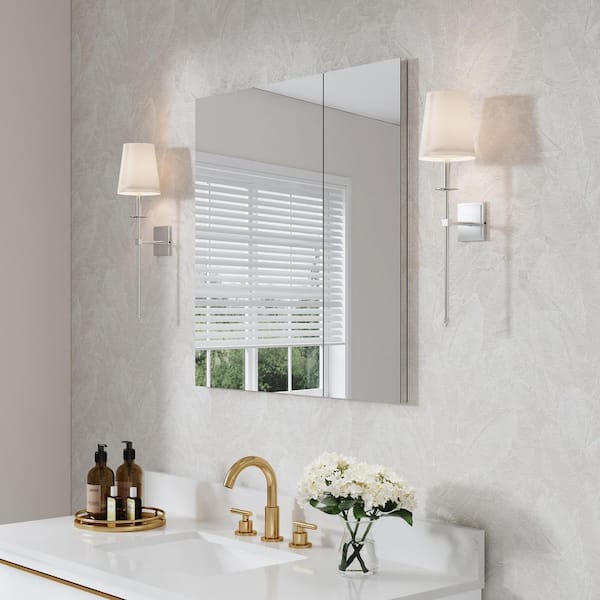 WELLFOR ROSA 30 in. W x 30 in. H Rectangular Aluminum Tri-View Medicine Cabinet with Mirror, Blum Hinge, Adjustable Shelves