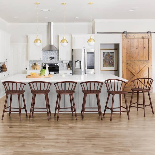 LUE BONA Winson Windsor 24 in. Walnut Solid Wood Bar Stool for Kitchen Island Counter Stool with Spindle Back Set of 6