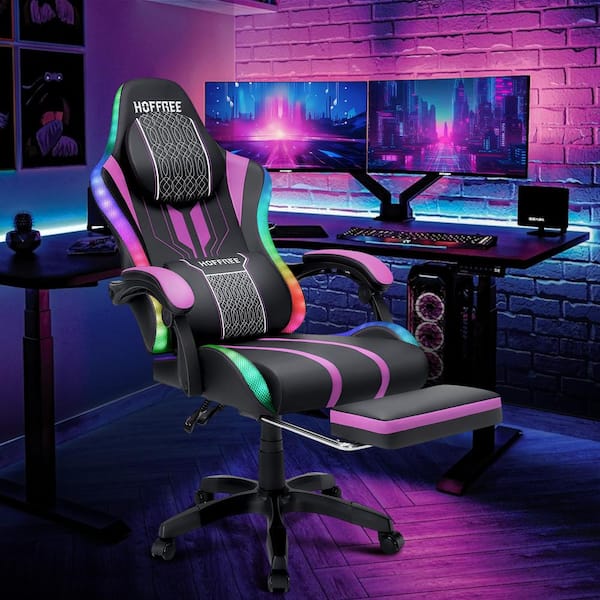 Hoffree Faux Leather Massage Ergonomic Gaming Chair Big and Tall Game Chair in Purple with Bluetooth Speakers LED Light Footrest