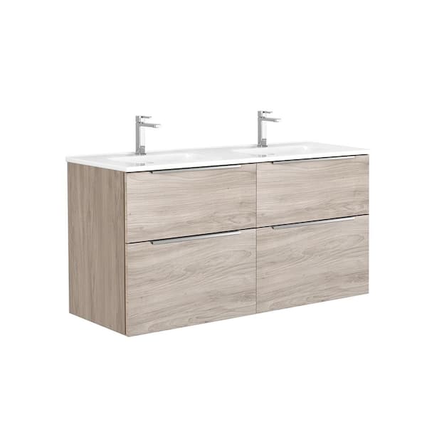 WS Bath Collections Dalia 47.6 in. W x 18.1 in. D x 23.8 in. H Double Sink Wall Mounted Bath Vanity in Grey Pine with White Ceramic Top