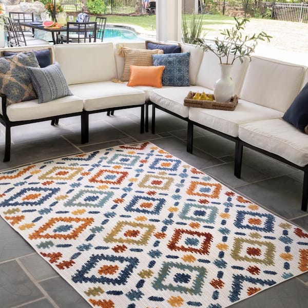Malea Bohemian Hatched Trellis Multi 7 ft. x 9 ft. Indoor/Outdoor Patio Area Rug