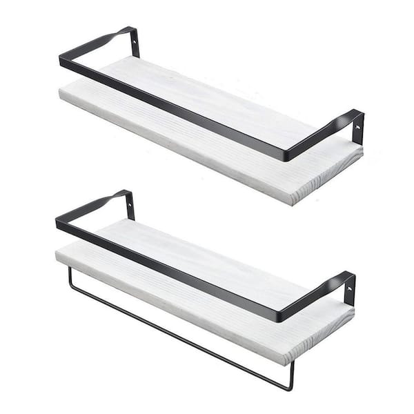 Cubilan 5.5 in. x 16.75 in. x 2.75 in. Rustic White Wood Floating Decorative Wall Shelves with Brackets and Towel Bar