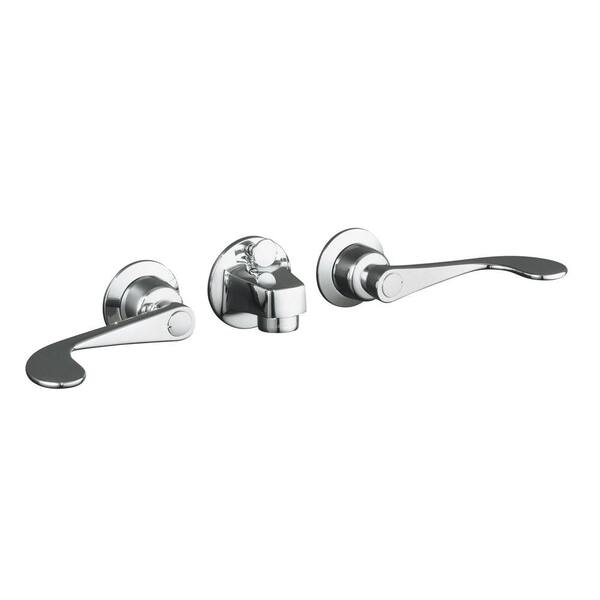 KOHLER Triton 5.5 in. Wall Mount 2-Handle Low Arc Shelf-Back Commercial Bathroom Faucet in Polished Chrome with Drain
