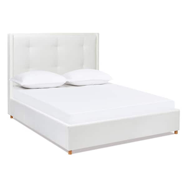 Jennifer Taylor Miramar Off-White Fabric Frame Queen Platform Bed with Cushion Back Headboard
