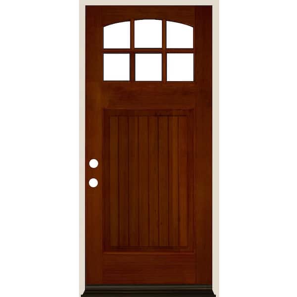 36 in. x 80 in. Craftsman 6 Lite V Groove Arch Top Red Chestnut Stain Right-Hand/Inswing Hemlock Prehung Front Door