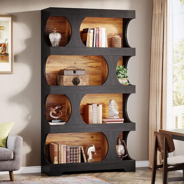 Eulas 71.3 in. Tall Black and Brown Wood 4-Shelf Standard Bookcase/ Unique Shape, Modern Freestanding Display Shelves