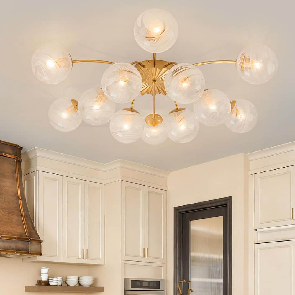 Ceder 12-Light 39.4-in W Painted Gold Sputnik Semi-Flush Mount with Swirled Glass Globes for Living Room and Dining Room price history on PriceWatchPro