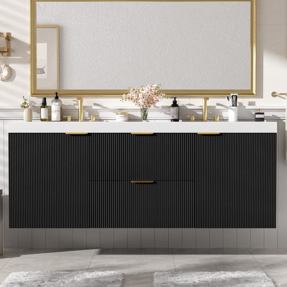 Ziyudura 60 in. Double Sink Floating Black Bath Vanity with White