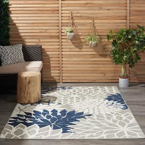 Aloha Ivory/Navy 7 ft. x 10 ft. Floral Modern Indoor/Outdoor Patio Area Rug