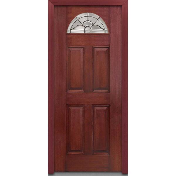 MMI Door 32 in. x 80 in. Master Nouveau Left-Hand 1/4 Lite 4-Panel Classic Stained Fiberglass Mahogany Prehung Front Door