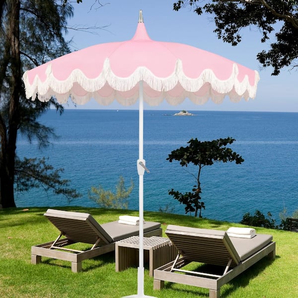 ari pagoda fringe patio umbrella hot pink white And Striped With Portable Beach Umbrellas For Sand UV50+ Boho Umbrella Outdoor With Tilt 6.5ft Sunshade Umbrella For Sand Camping Table Umbrella Waterproof/8 Ribs Featuring a classic pagoda shape adorned with elegant 4in polyester tassels Boho Beach Umbrella with Fringe