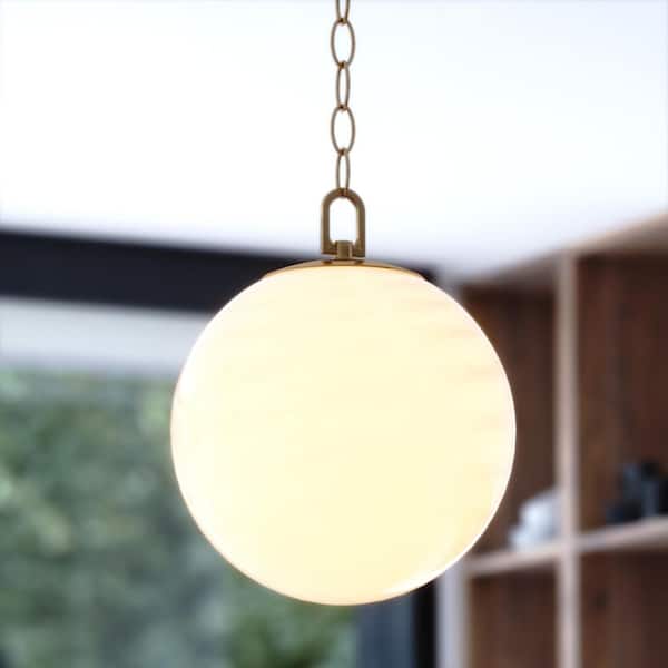 Monticello 60-Watt 1-Light 12 in. Wide Muted Brass Gold Globe Pendant Fixture with White Alabaster Glass Shade