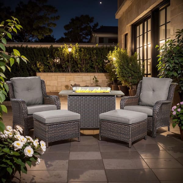 5-Piece Brown Wicker Fire Pit Conversation Set with Olefin Gray Cushions and Curved Arm Lounge Chairs and Ottoman