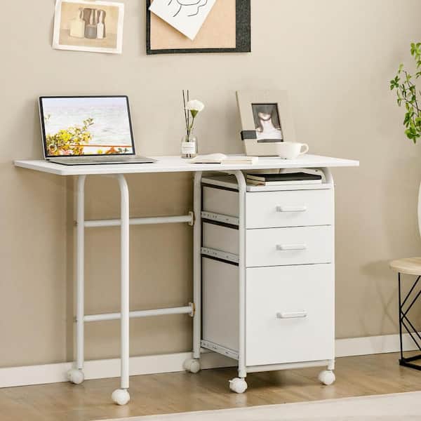 41.5 in. Folding Computer Laptop Desk Wheeled Home Office Furniture w/3 Drawers White
