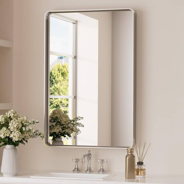 TETOTE 24 in. W x 36 in. H Rectangular Metal Framed Wall Mount Bathroom Vanity Mirror in Silver