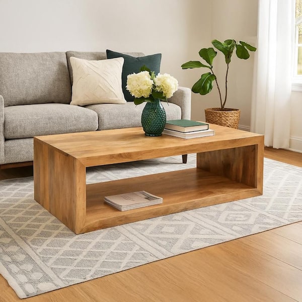 THE URBAN PORT Keli 58 in. Natural Brown Rectangle Mango Wood Coffee Table with Open Cube and 1-Shelf