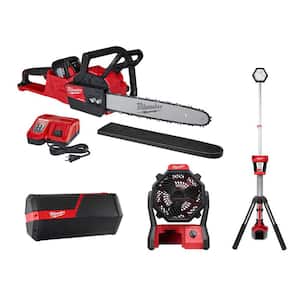 M18 FUEL 16 in. 18V Lithium-Ion Brushless Battery Chainsaw, Bluetooth Speaker, Fan and Rocket Tower Light (4-Tool)