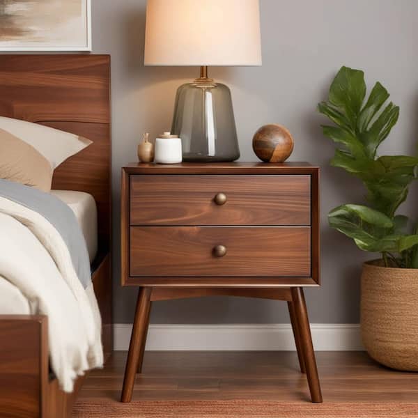 Walker Edison Furniture Company Mid-Century 2-Drawer Solid Wood Walnut Nightstand (2-Pack)