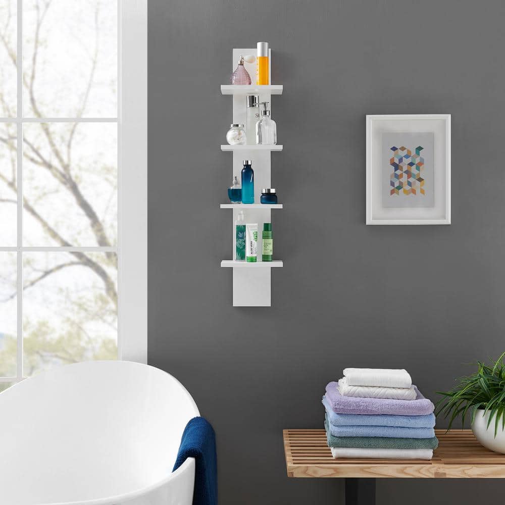 White 4-Tier Floating Wall Shelf with Wood Finish