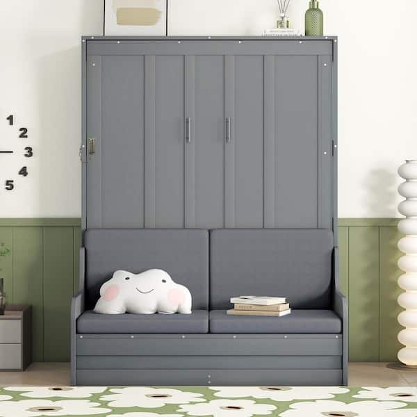 Kirk Gray Wood Frame Queen Size Murphy Bed, Wall Bed with Cushion