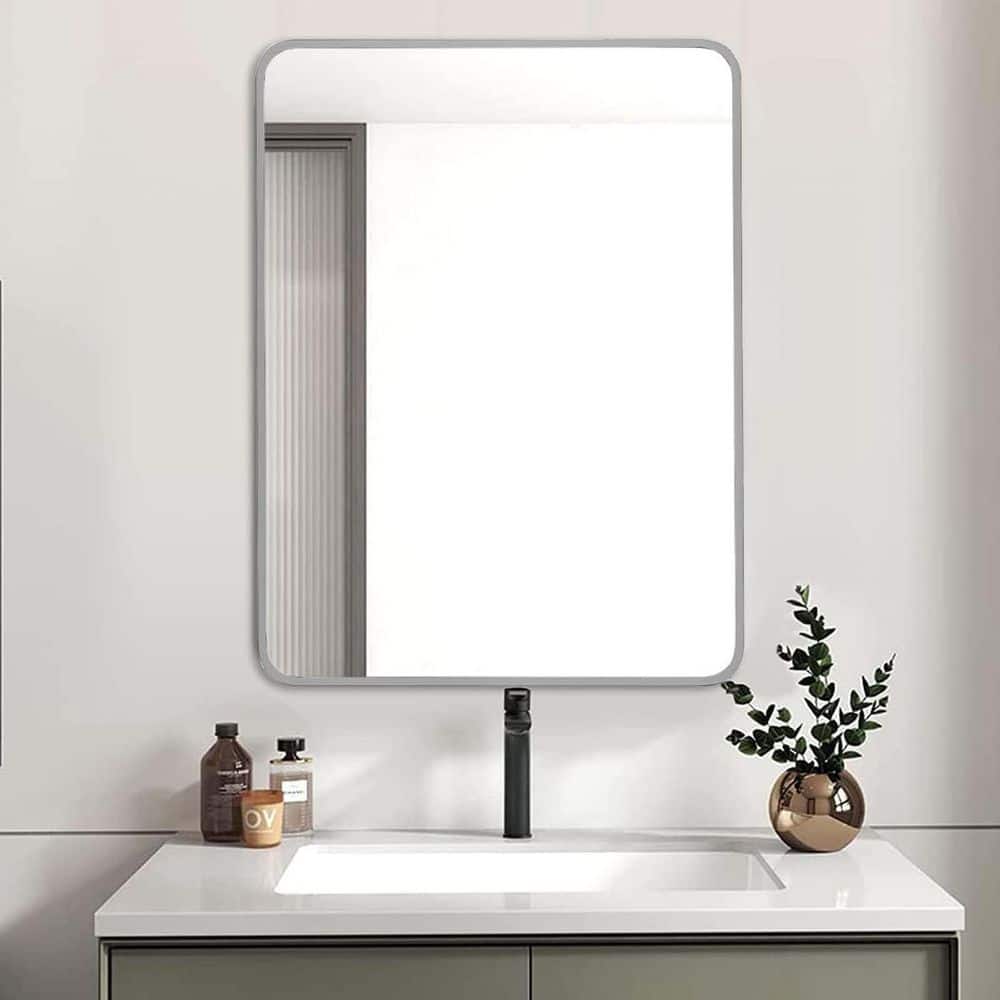 Silver 24 in. W x 32 in. H Rectangle Wood Framed Bathroom Mirror Anti-Rust 