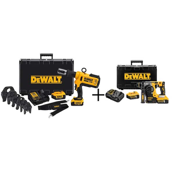 DEWALT 20-Volt MAX Lithium-Ion Cordless Copper Pipe Crimper Kit w/ (2) Batteries 4Ah, Charger, Case and Bonus XR Rotary Hammer