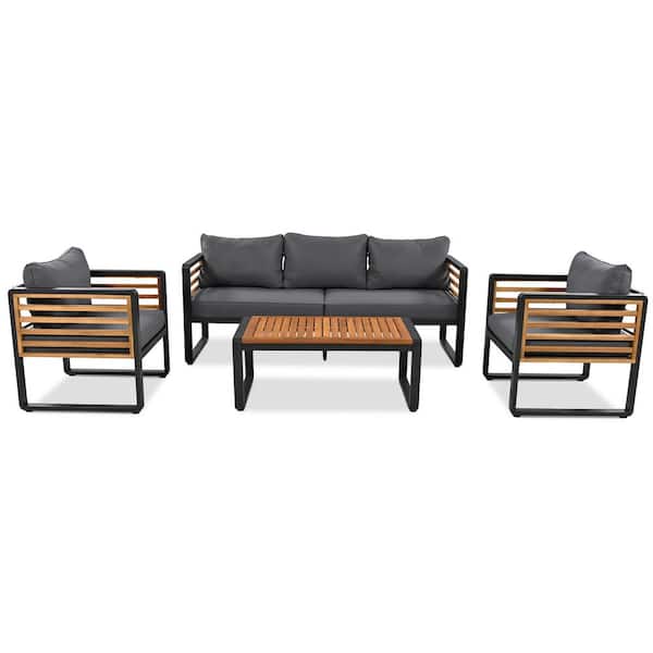 Mondawe 4-Piece Metal Outdoor Sectional Sofa Set with Gray Cushions and Acacia Wood Table