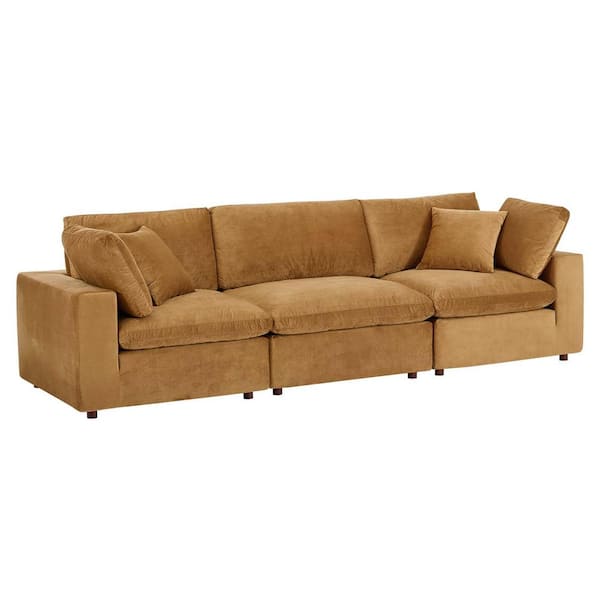 MODWAY Commix 119 in. Cognac Brown Down Filled Overstuffed Performance Velvet 3-Seat Sofa