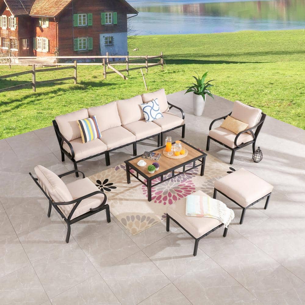 Patio Festival 9 Piece Metal Outdoor Sectional Set With Beige Cushions