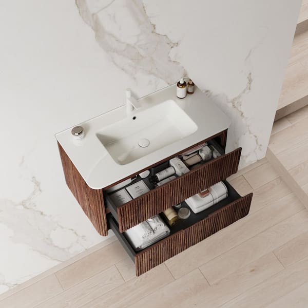 Liory 35.82 in. Single Ceramic Sink Floating Deep Walnut Bath Vanity with White Sintered Stone Top Pre-assembled