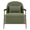 Front view of a moss green fabric armchair with a wood frame.