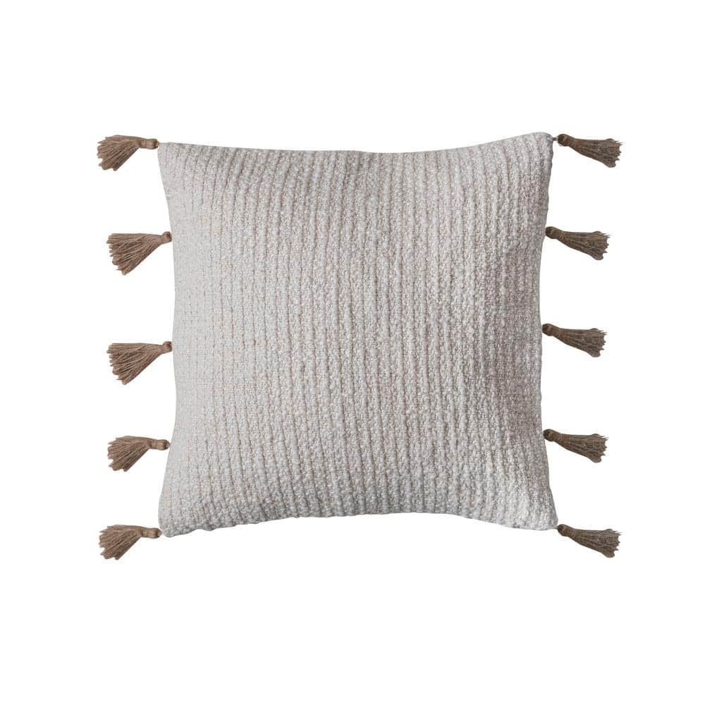 Natural Cotton Linen Blend Square Pillow with Jute Tassels