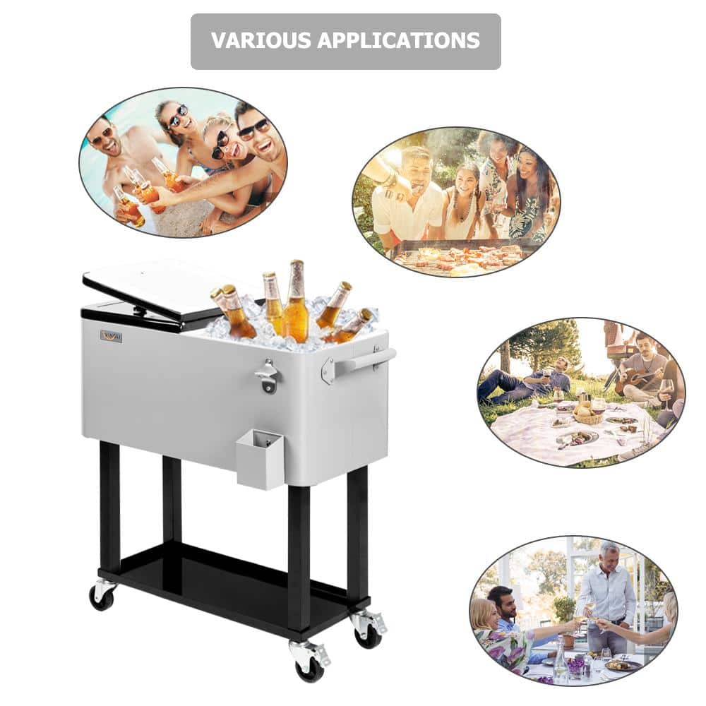 Gray 80QT Rolling Steel Cooler Cart with Wheels and Shelf