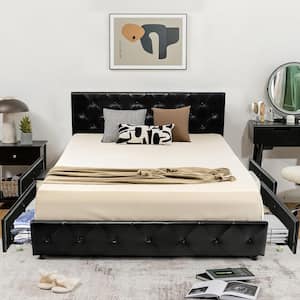 59 in. W Black Full Upholstered Platform Bed with 4-Drawers PU Leather Button Tufted Headboard
