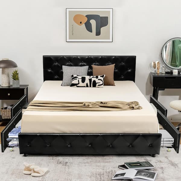 Costway 59 in. W Black Full Upholstered Platform Bed with 4-Drawers PU Leather Button Tufted Headboard