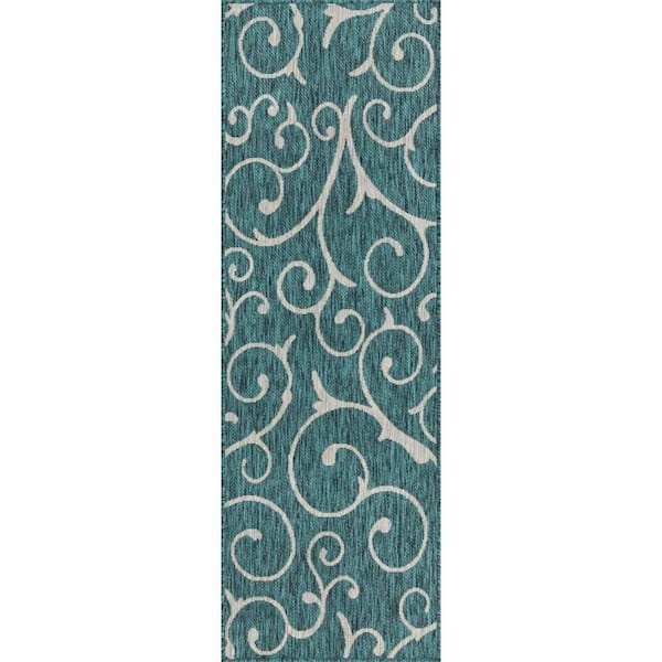 Outdoor Curl Teal Blue 2 ft. x 6 ft. Runner Rug