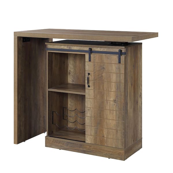 Acme Furniture Quillon Bar Style Rustic Oak Finish Wood 38 in. Column Dining Table Seats 2