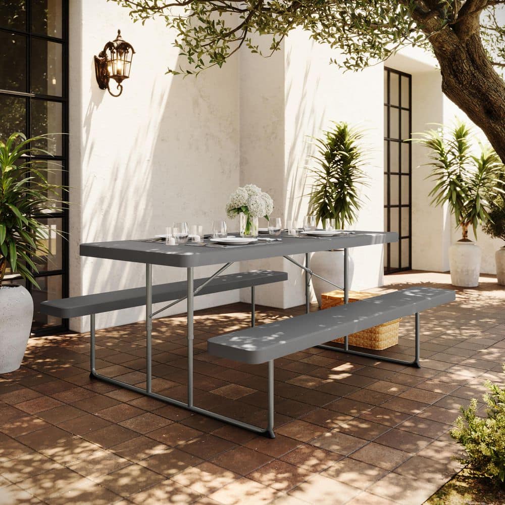Insta-Fold Commercial Grade 59.5 in. Granite Gray Rectangle Foldable Steel Indoor-Outdoor Picnic Tables Seats 6 People